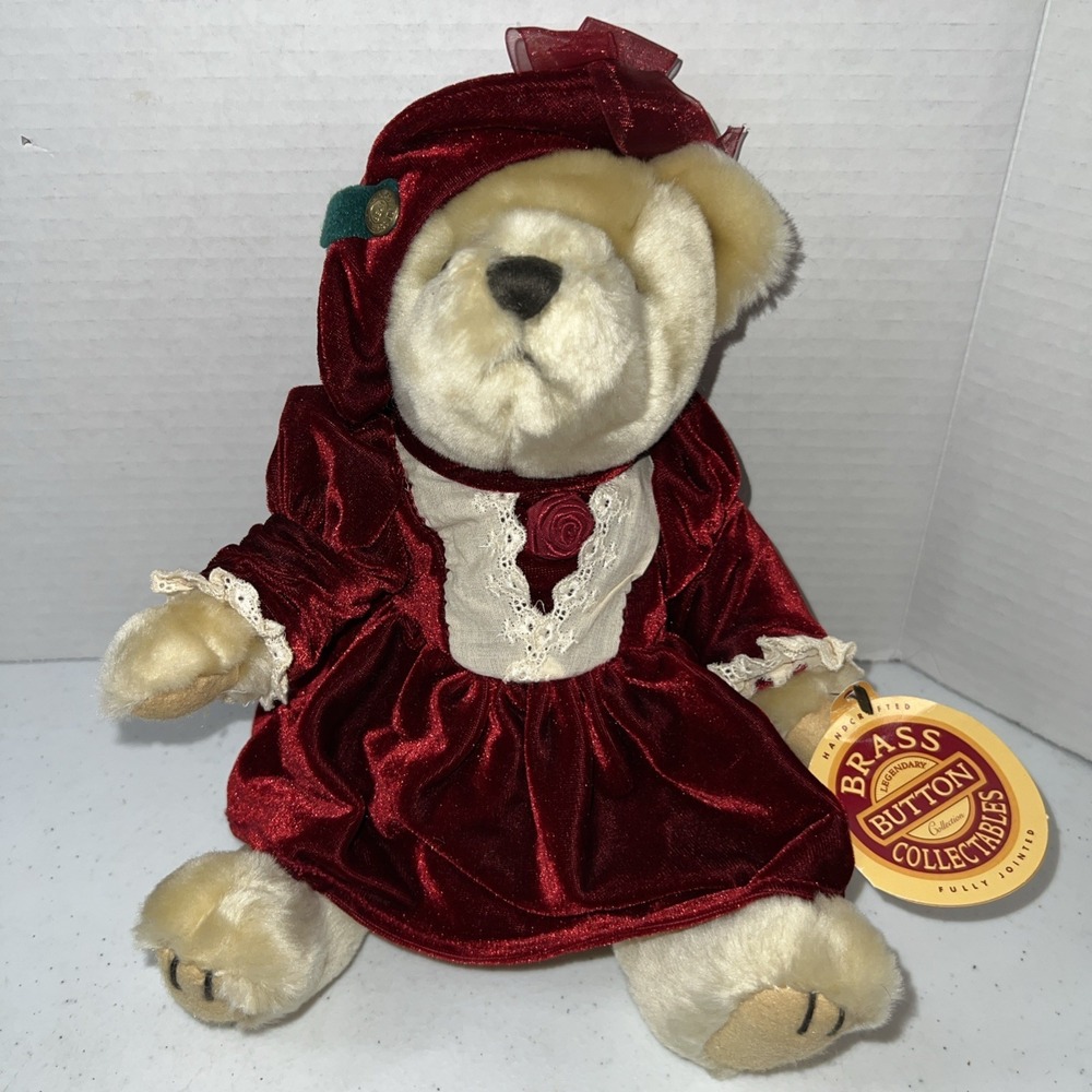 Brass‎ Button Collectible Teddy Bear Plush "Pearl" Red Velvet Dress 1997 Vintage
